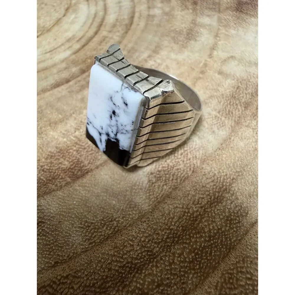 Navajo White Buffalo Turquoise Men's Ring Size 10 Silver  Sterling - Trevor Jack